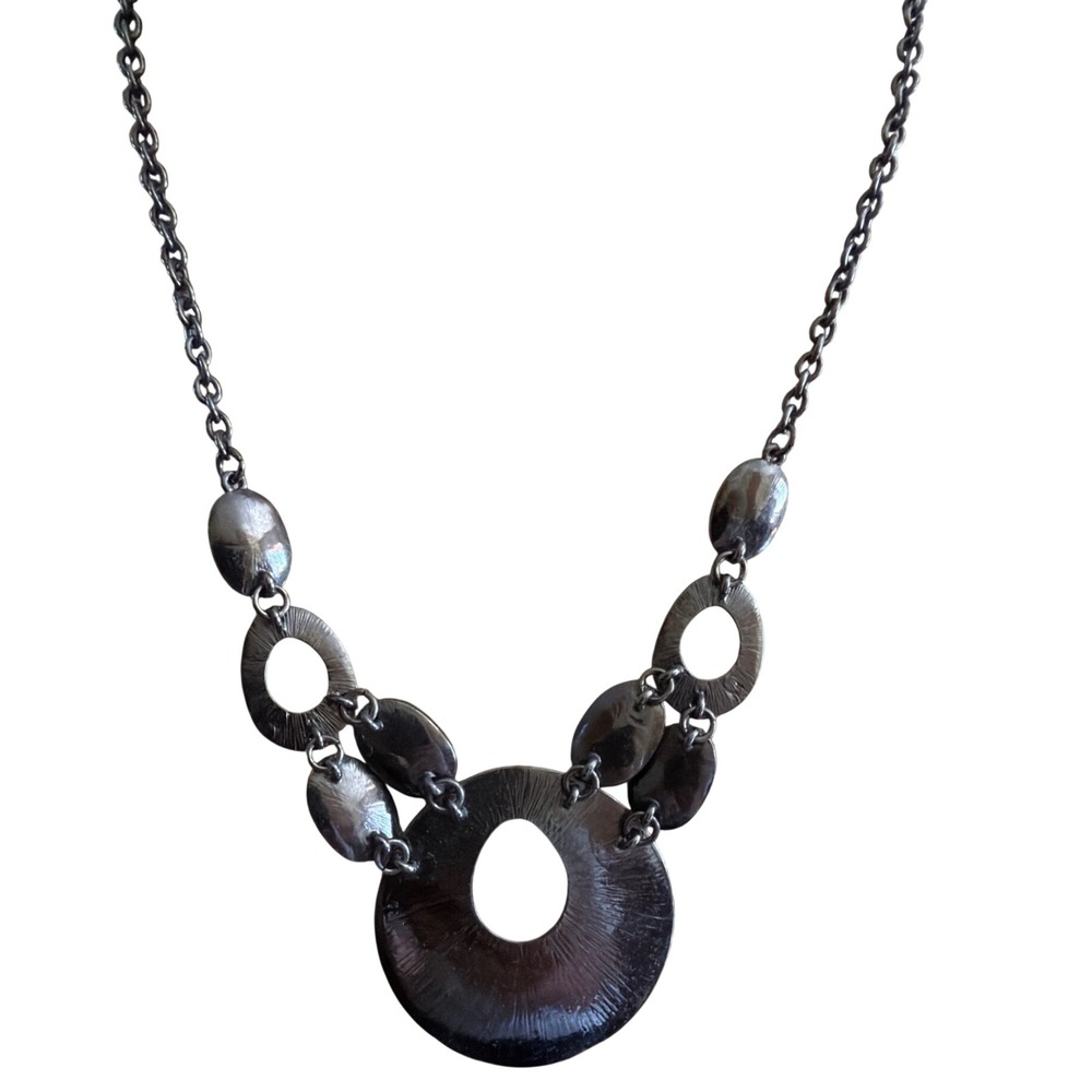Henri Bendel Gunmetal Tone Geometric Open Circle Statement Necklace Logo Charm